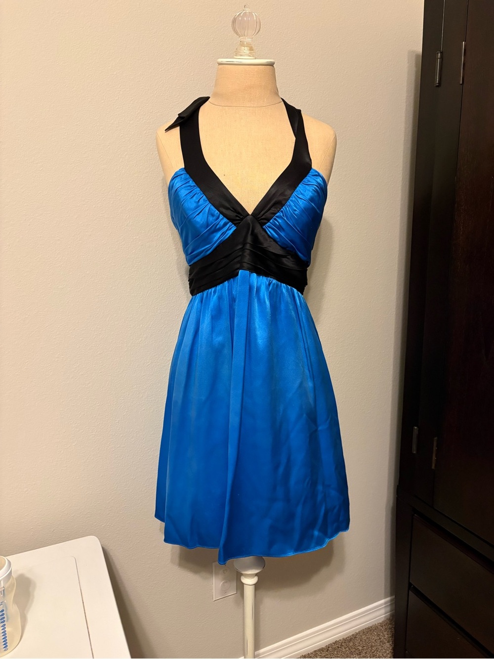 Betsey Johnson Blue & Black Satin Halter Party Dress Size 8 Y2K